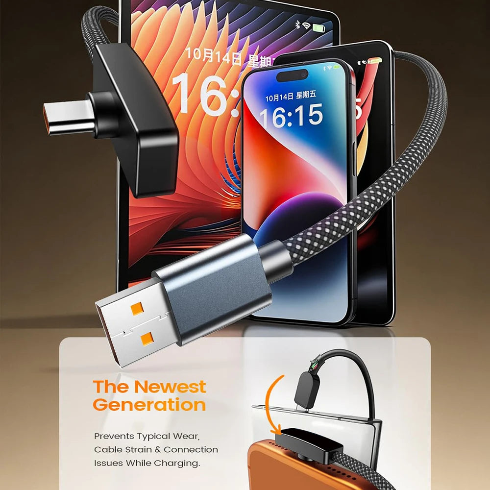 Cabo USB-C 90° 100W Carregamento Rápido e Transferência de Dados para iPhone, Samsung, Xiaomi e Outros Dispositivos USB-Ci